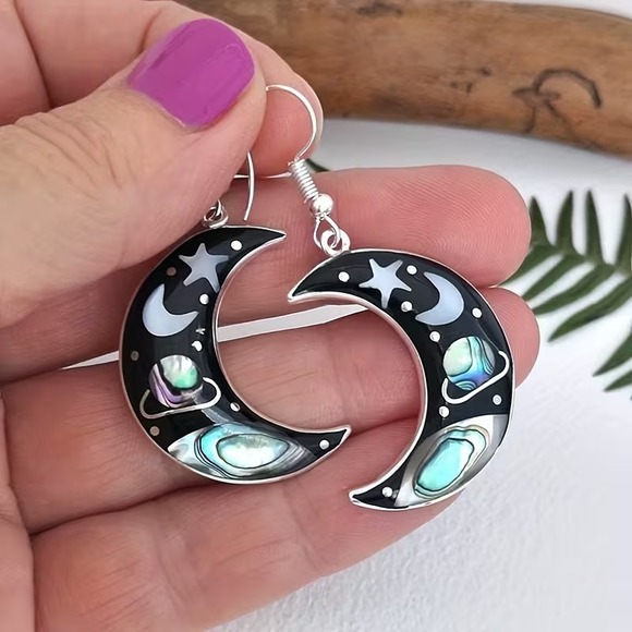 Jewelry - Retro Mysterious Universe Starry Sky Crescent Hook Earrings Boho‎ Witchy NEW